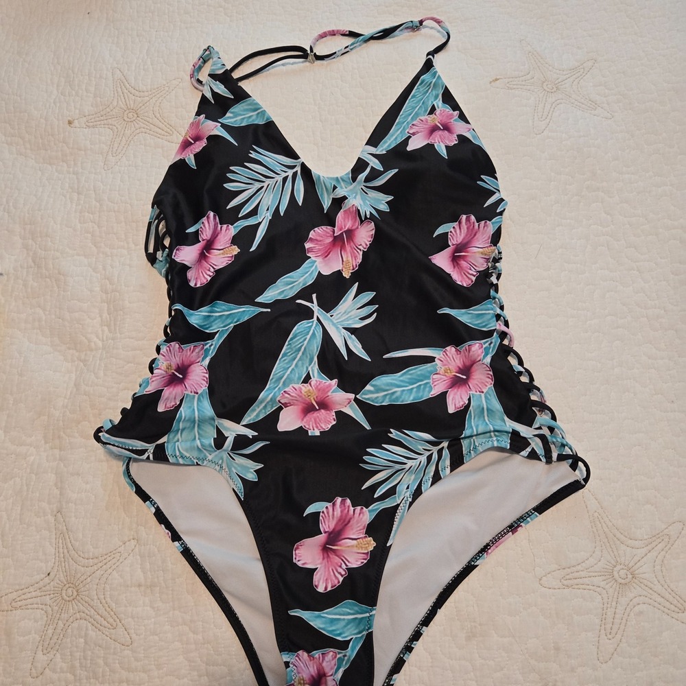 Womens Tropical Print One Piece Swimsuit Size 10 (est) cut out ladder on sides